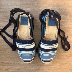 Tory Burch Blue and White Platform stylish Espadrilles Wedges
